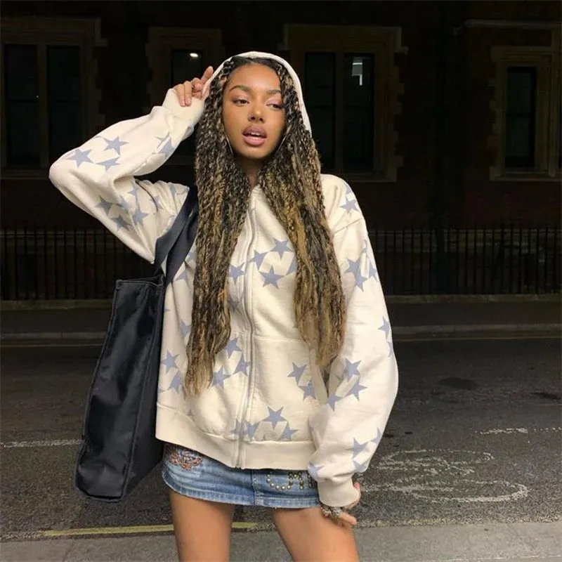 Flytonn-90s Vintage Y2K Pentagram Print Hoodies Long Sleeve Zip Up Graphic Gothic Harajuku Sweatshirts Women Aesthetic Fall Coat Shirt