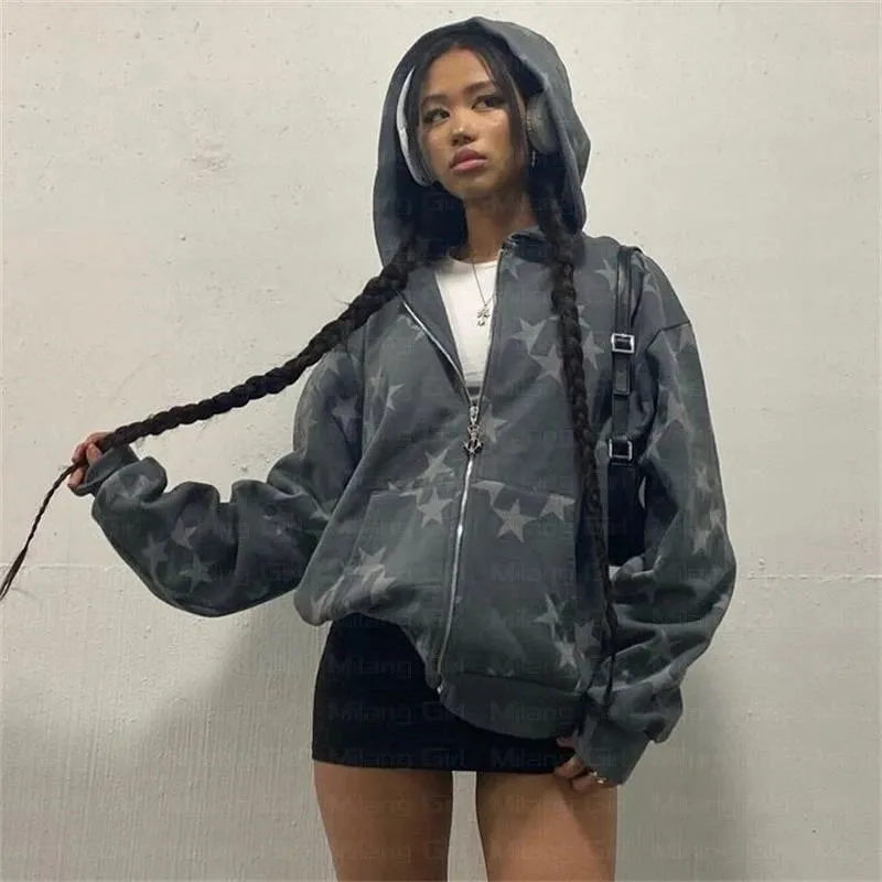 Flytonn-90s Vintage Y2K Pentagram Print Hoodies Long Sleeve Zip Up Graphic Gothic Harajuku Sweatshirts Women Aesthetic Fall Coat Shirt
