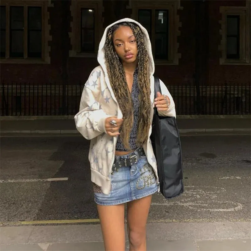 Flytonn-90s Vintage Y2K Pentagram Print Hoodies Long Sleeve Zip Up Graphic Gothic Harajuku Sweatshirts Women Aesthetic Fall Coat Shirt
