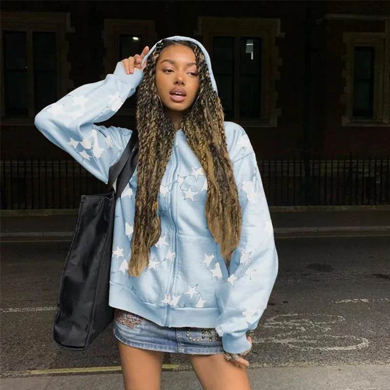 Flytonn-90s Vintage Y2K Pentagram Print Hoodies Long Sleeve Zip Up Graphic Gothic Harajuku Sweatshirts Women Aesthetic Fall Coat Shirt