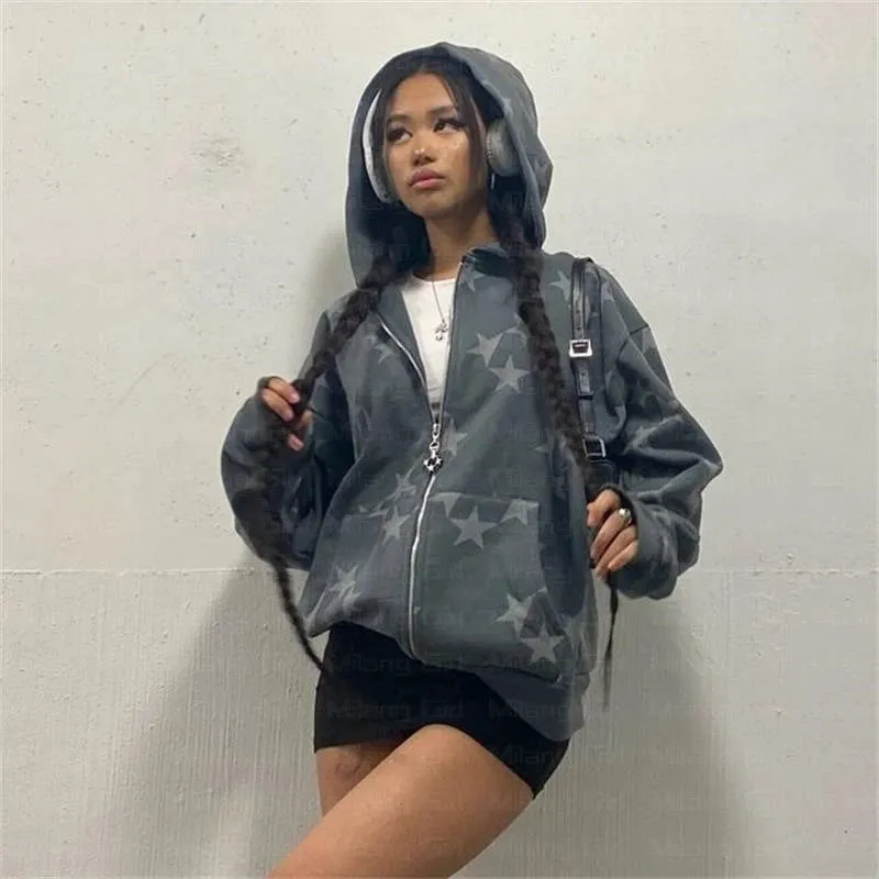 Flytonn-90s Vintage Y2K Pentagram Print Hoodies Long Sleeve Zip Up Graphic Gothic Harajuku Sweatshirts Women Aesthetic Fall Coat Shirt