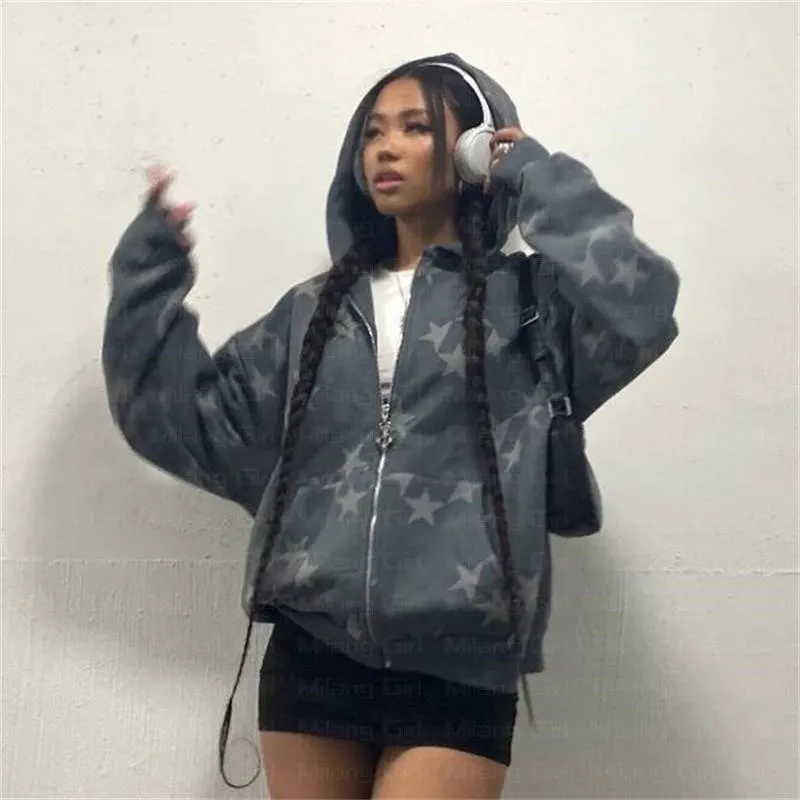 Flytonn-90s Vintage Y2K Pentagram Print Hoodies Long Sleeve Zip Up Graphic Gothic Harajuku Sweatshirts Women Aesthetic Fall Coat Shirt