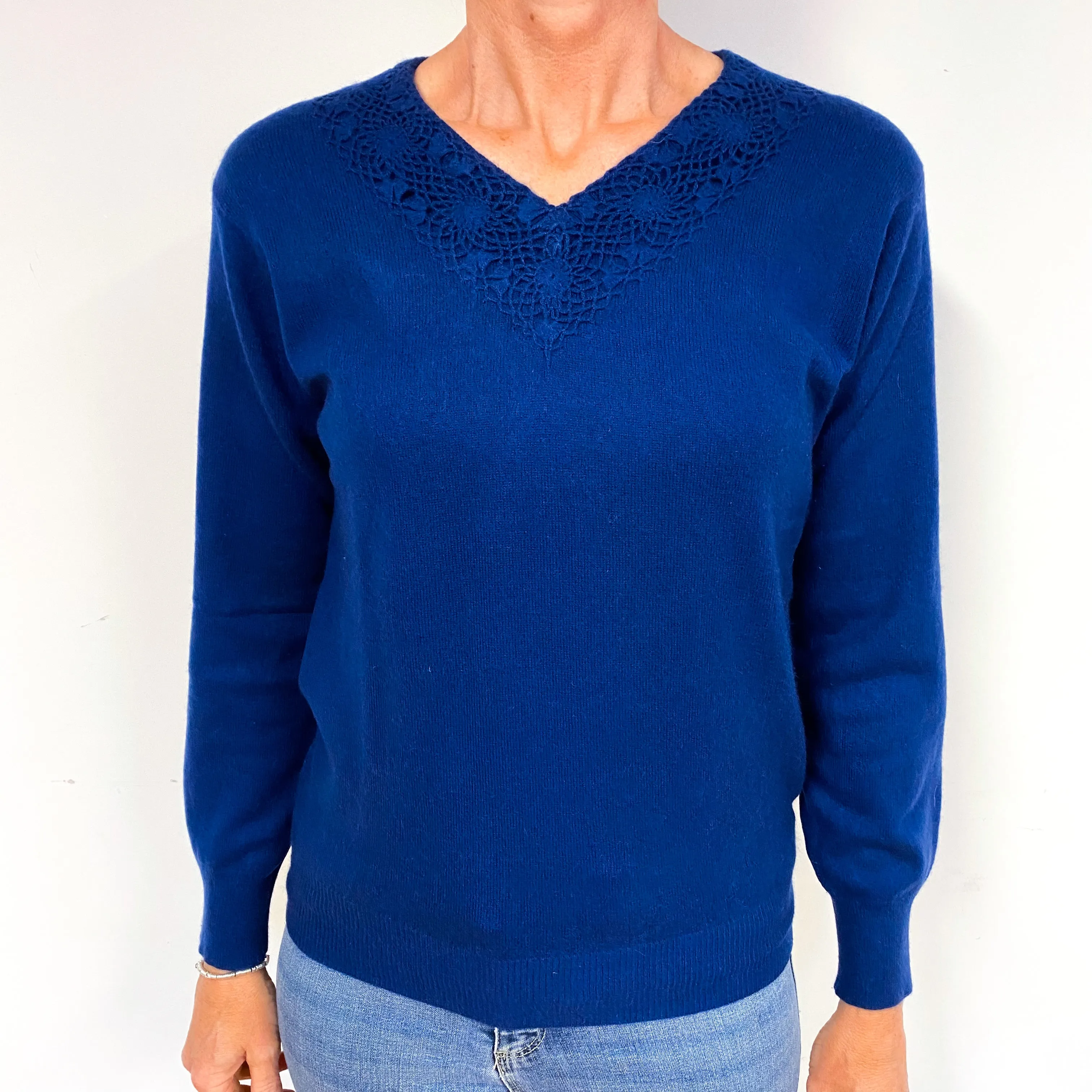 French Navy Cashmere Lace V-Neck Jumper Medium