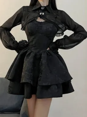 Girlary Summer Black Gothic Lolita Short Party Suits Women Long Sleeve Coat   Pure Color Mini Dress Fashion High Waist Outfits Chic