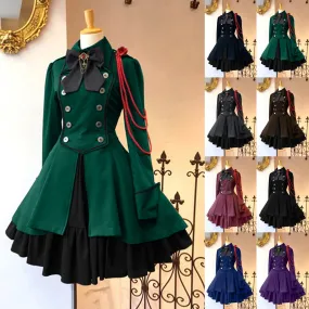 Gothic Ruffled Bow Tie Button Up Lace Dress