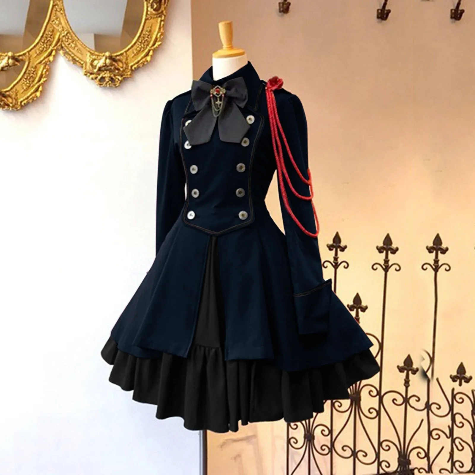 Gothic Ruffled Bow Tie Button Up Lace Dress