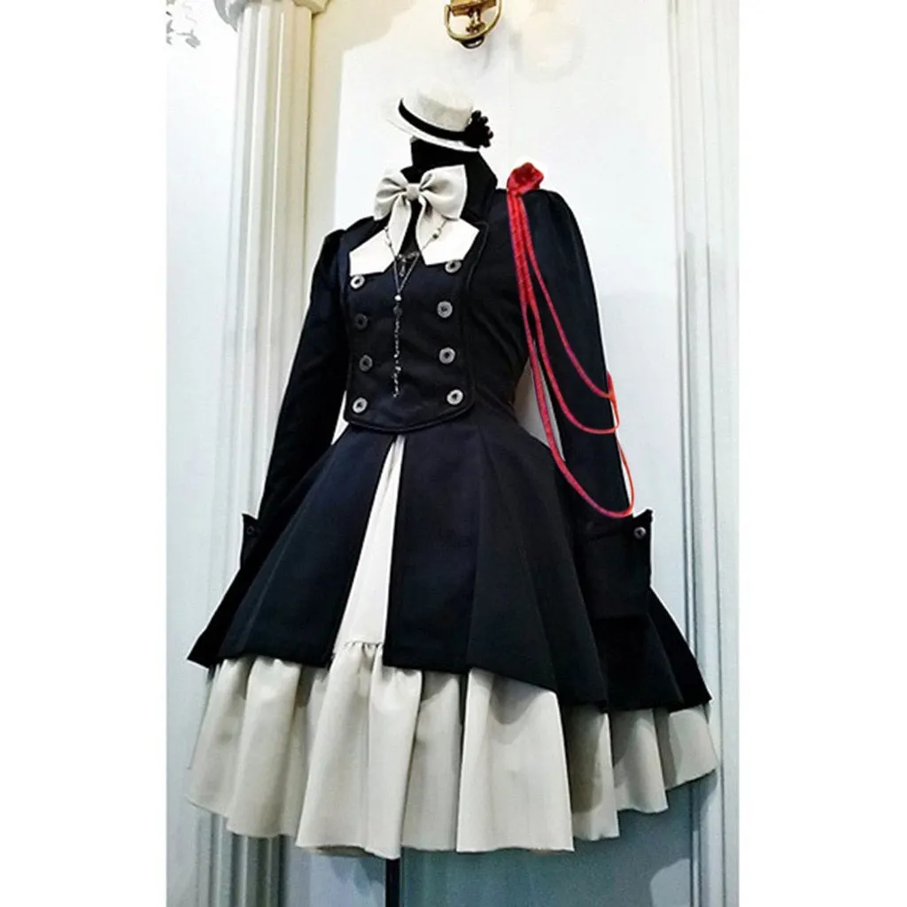 Gothic Ruffled Bow Tie Button Up Lace Dress