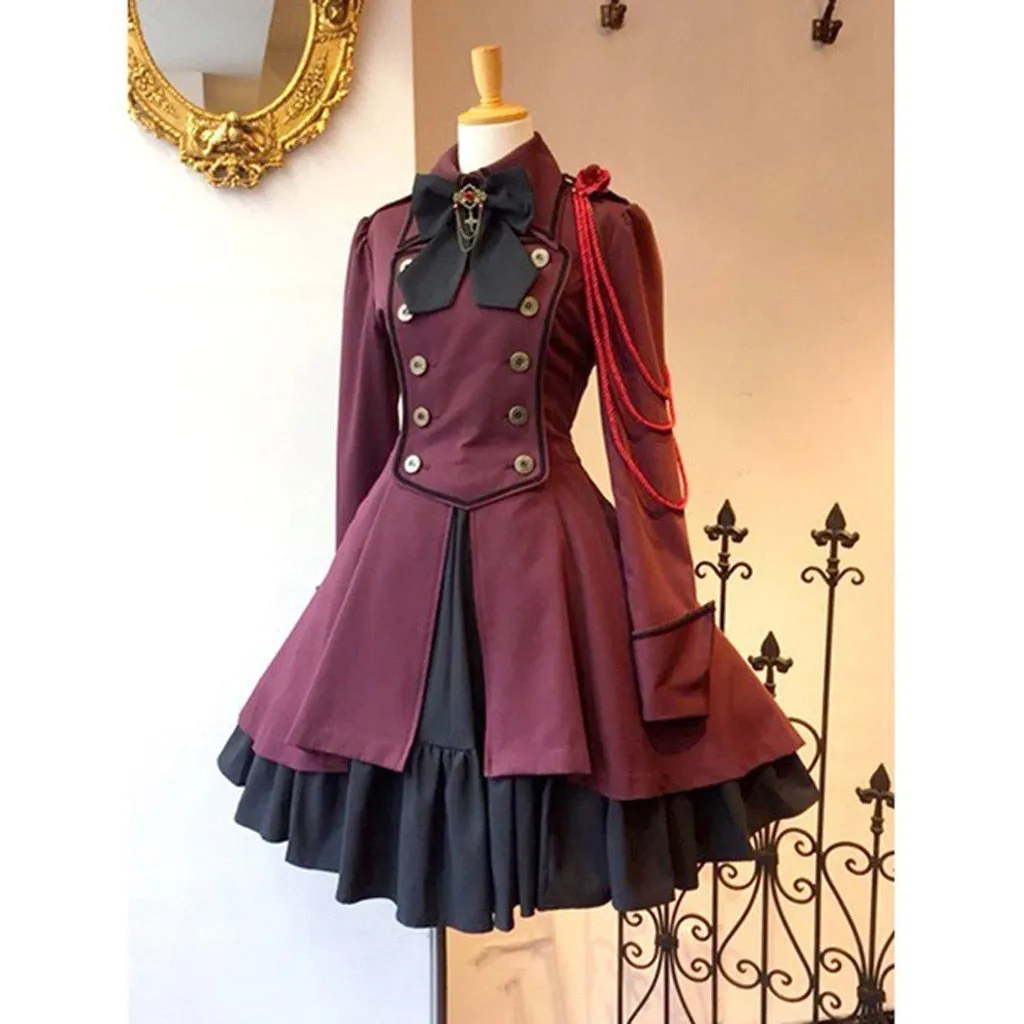 Gothic Ruffled Bow Tie Button Up Lace Dress