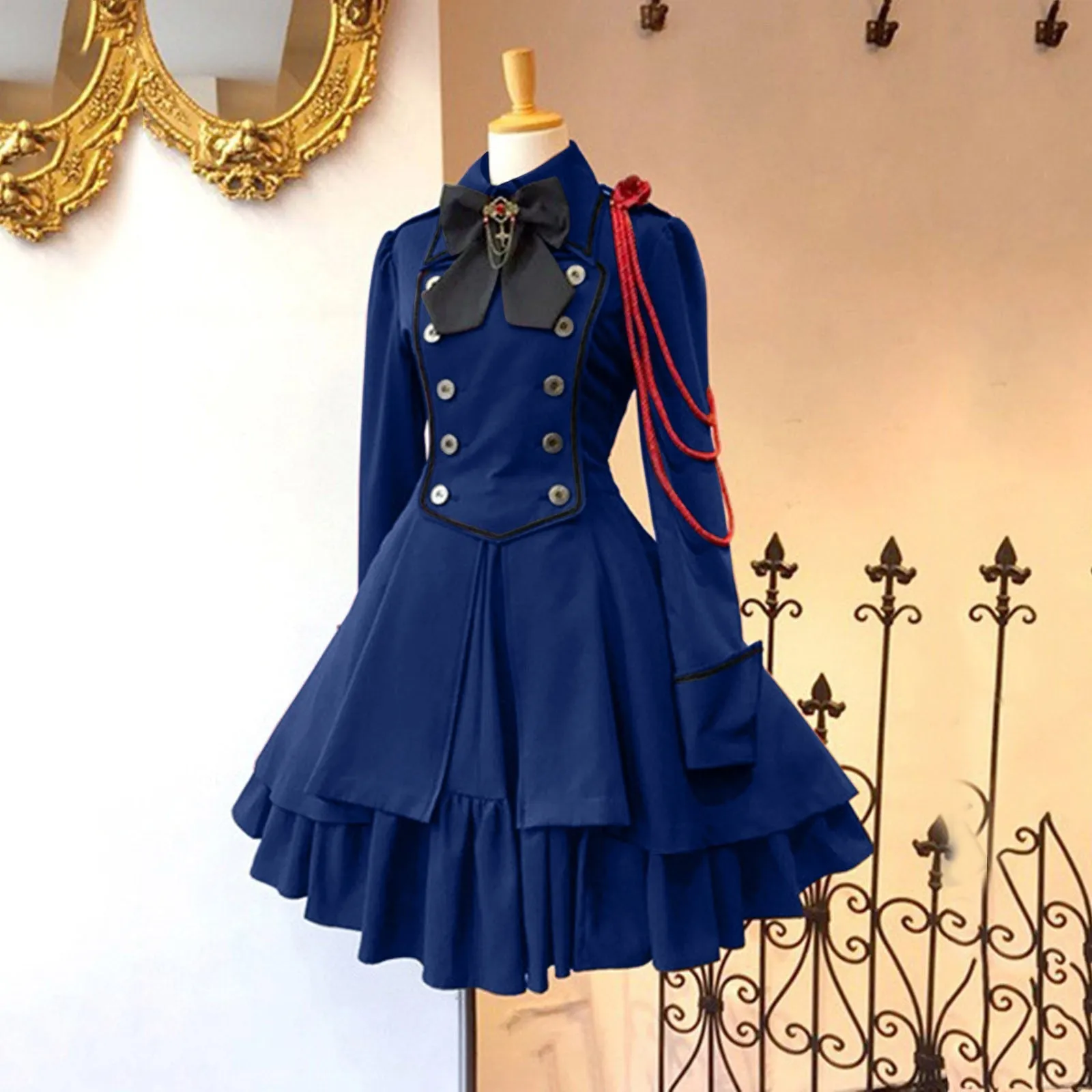 Gothic Ruffled Bow Tie Button Up Lace Dress