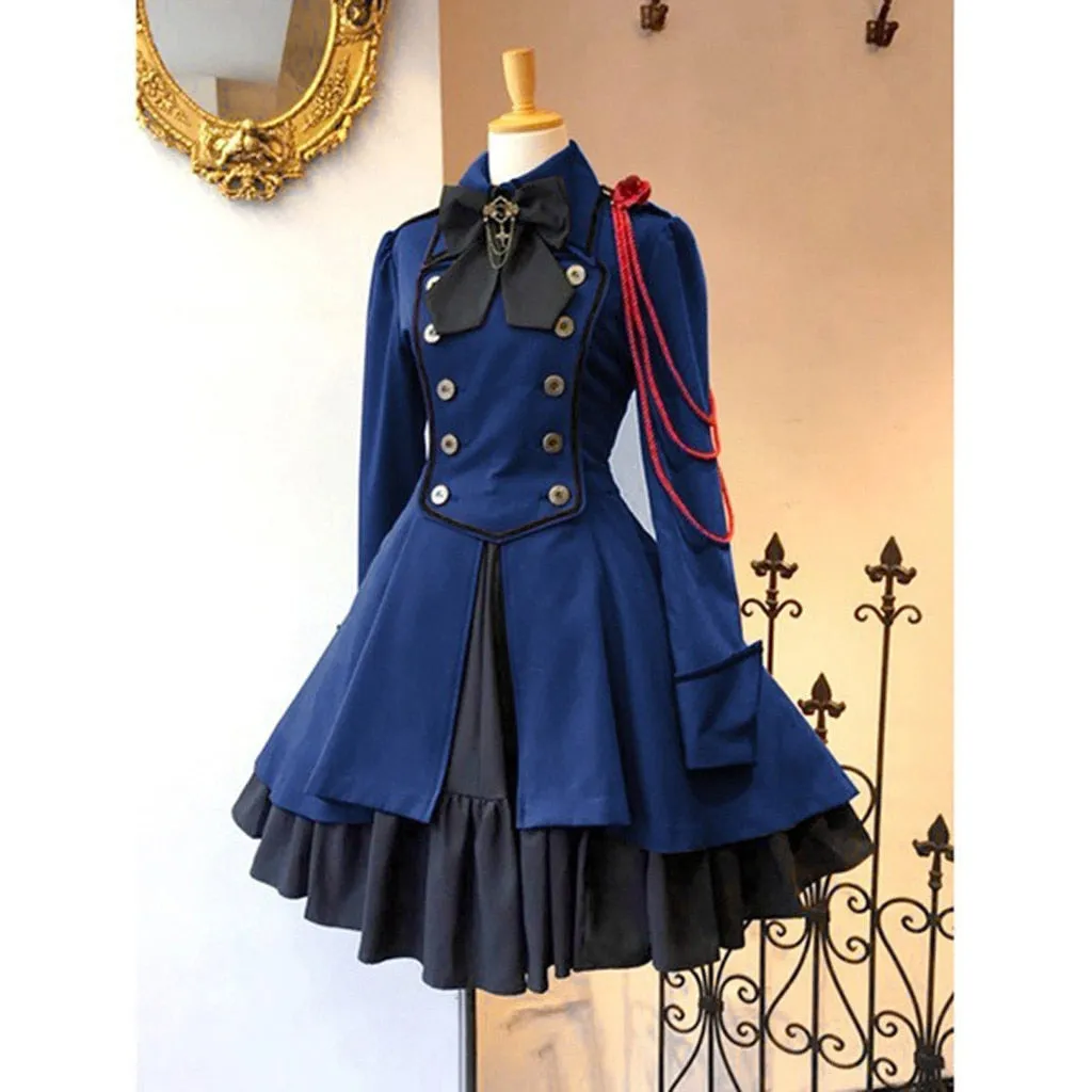 Gothic Ruffled Bow Tie Button Up Lace Dress
