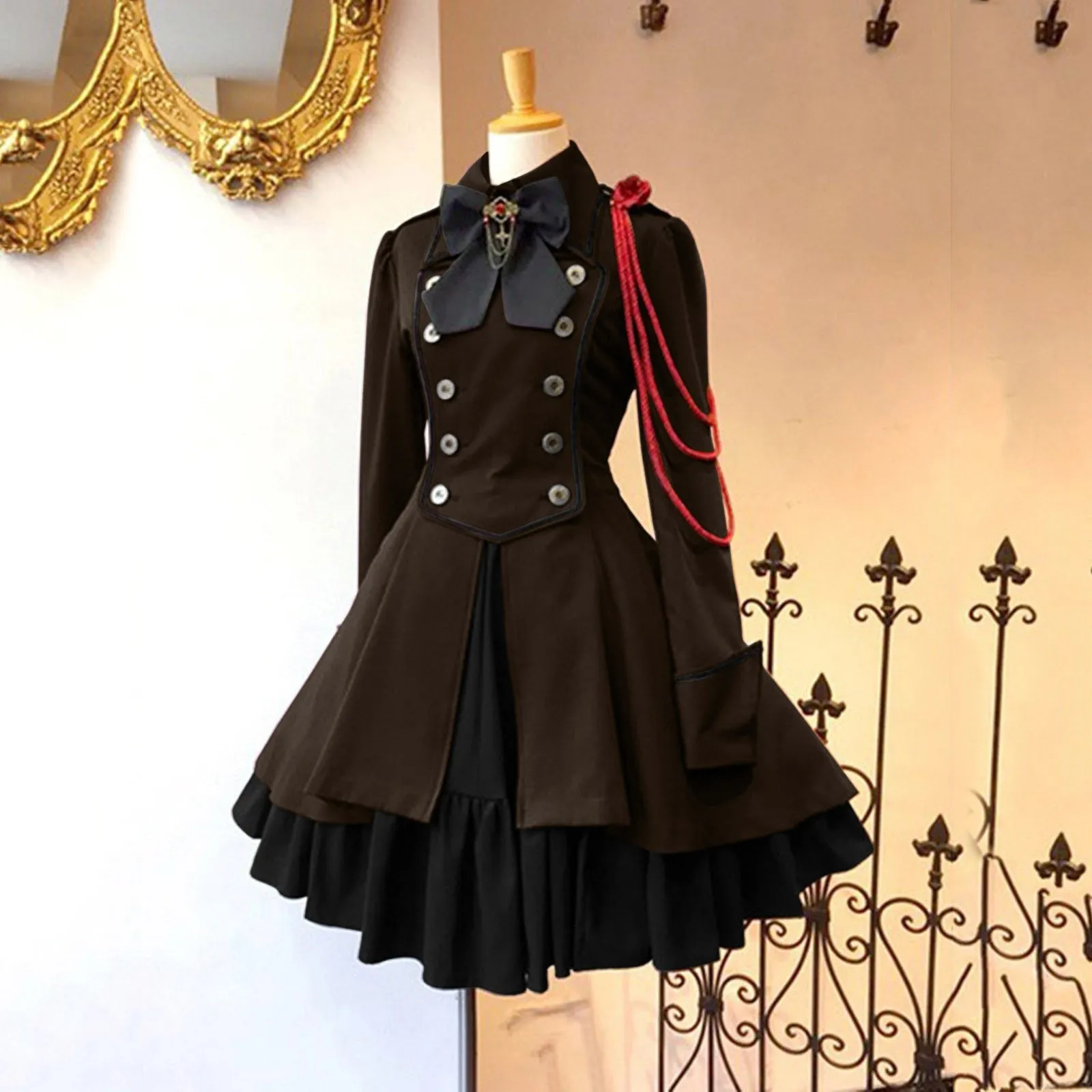 Gothic Ruffled Bow Tie Button Up Lace Dress