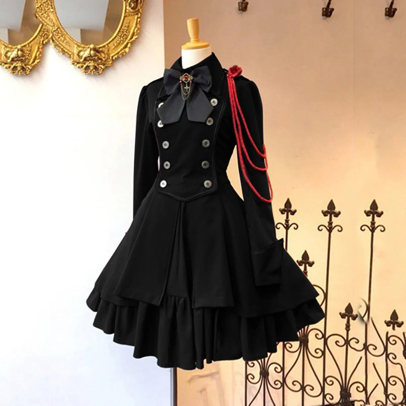 Gothic Ruffled Bow Tie Button Up Lace Dress