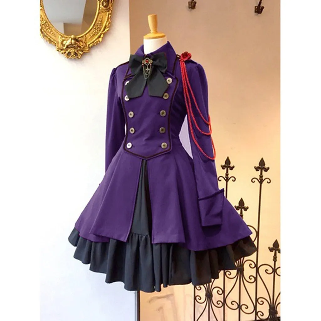 Gothic Ruffled Bow Tie Button Up Lace Dress