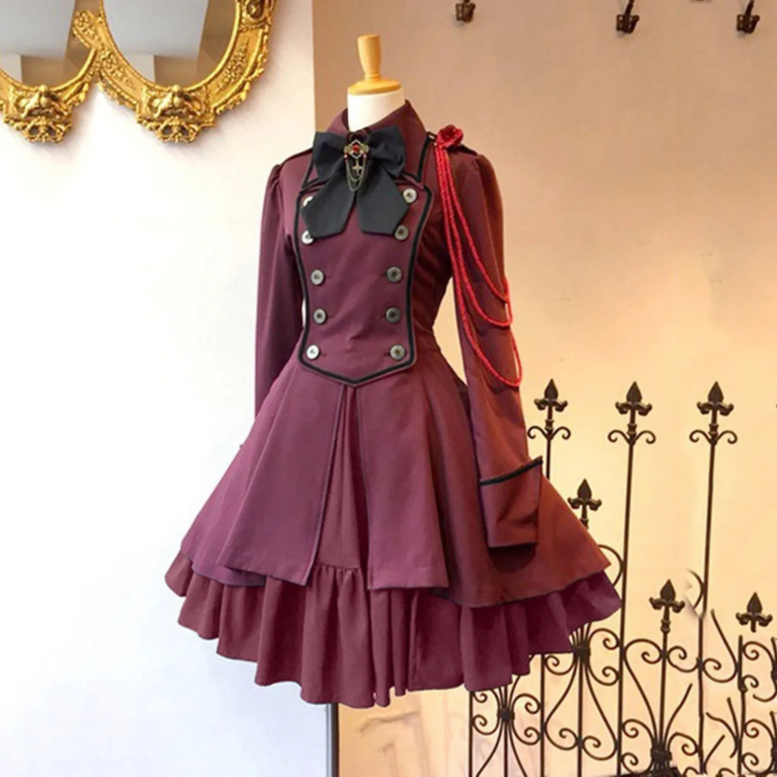 Gothic Ruffled Bow Tie Button Up Lace Dress