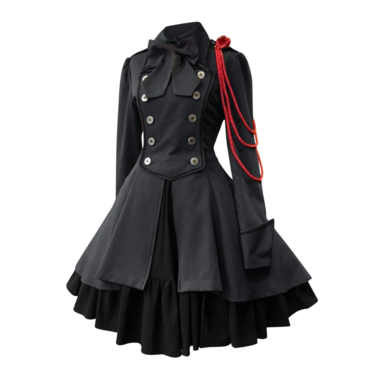 Gothic Ruffled Bow Tie Button Up Lace Dress