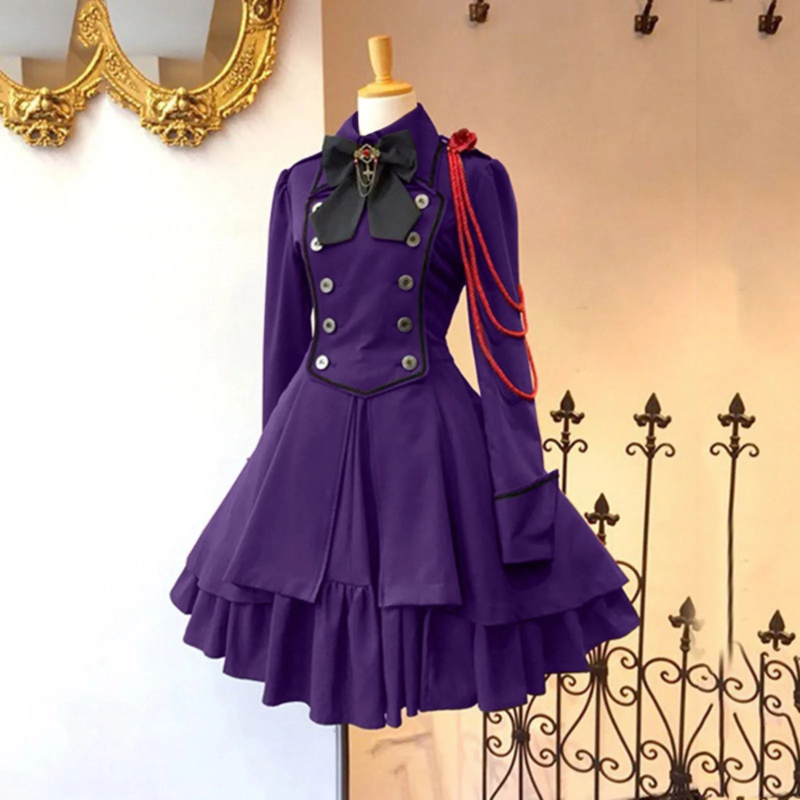 Gothic Ruffled Bow Tie Button Up Lace Dress