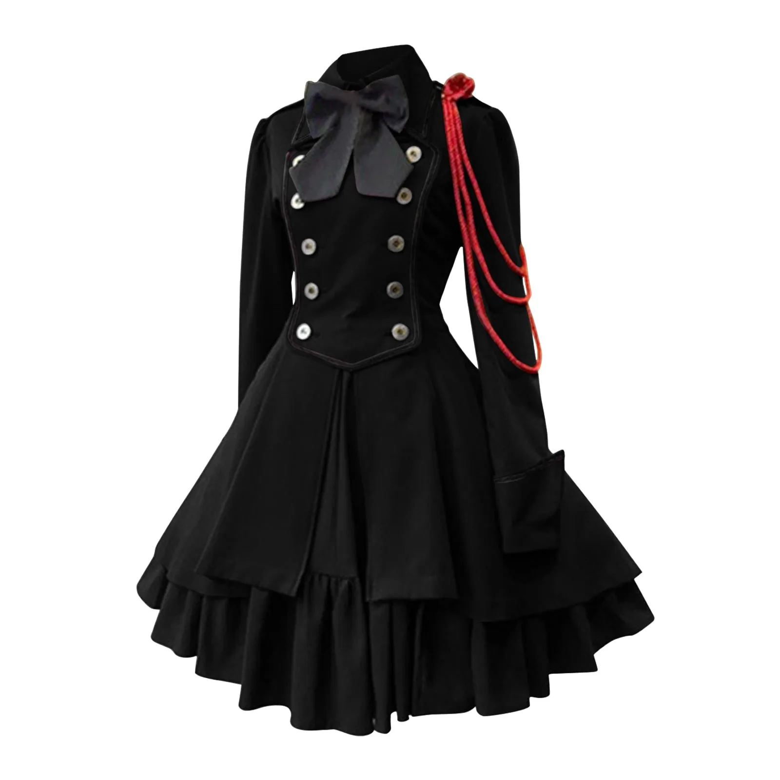 Gothic Ruffled Bow Tie Button Up Lace Dress