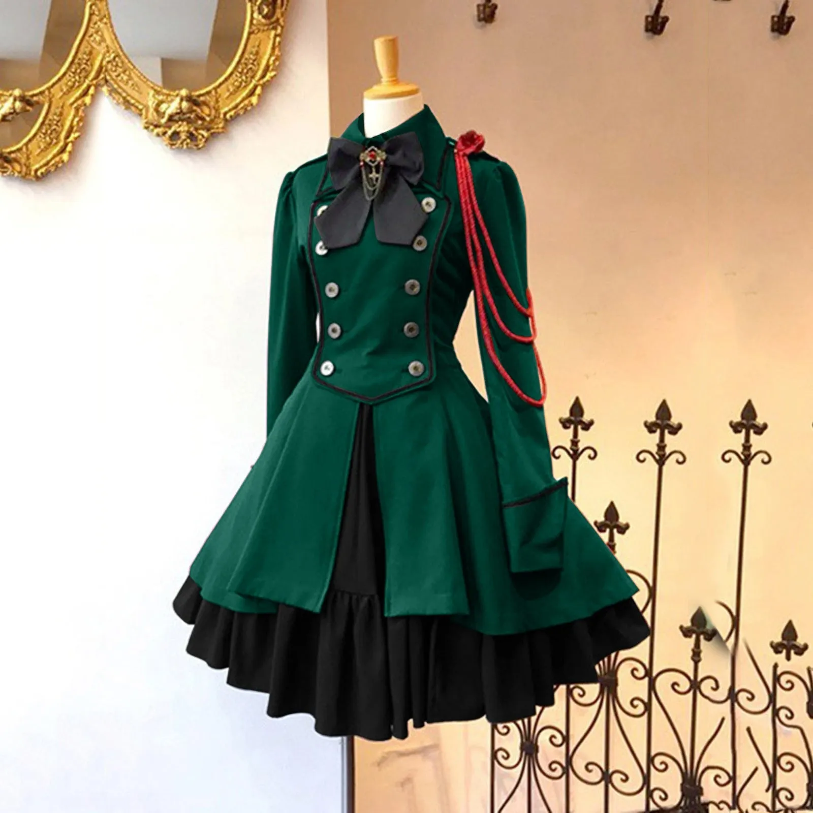 Gothic Ruffled Bow Tie Button Up Lace Dress