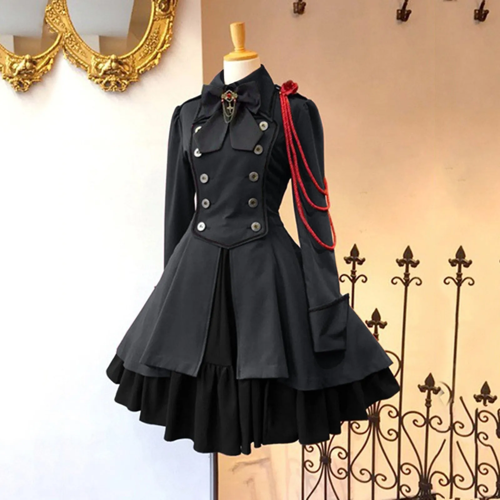 Gothic Ruffled Bow Tie Button Up Lace Dress