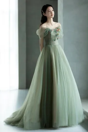 Green Tulle Floor Length Prom Dress, Off the Shoulder A-Line Evening Party Dress