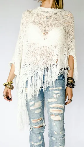 Handmade Knit Poncho, Sequin Knit Top, Asymmetric Summer Shawl