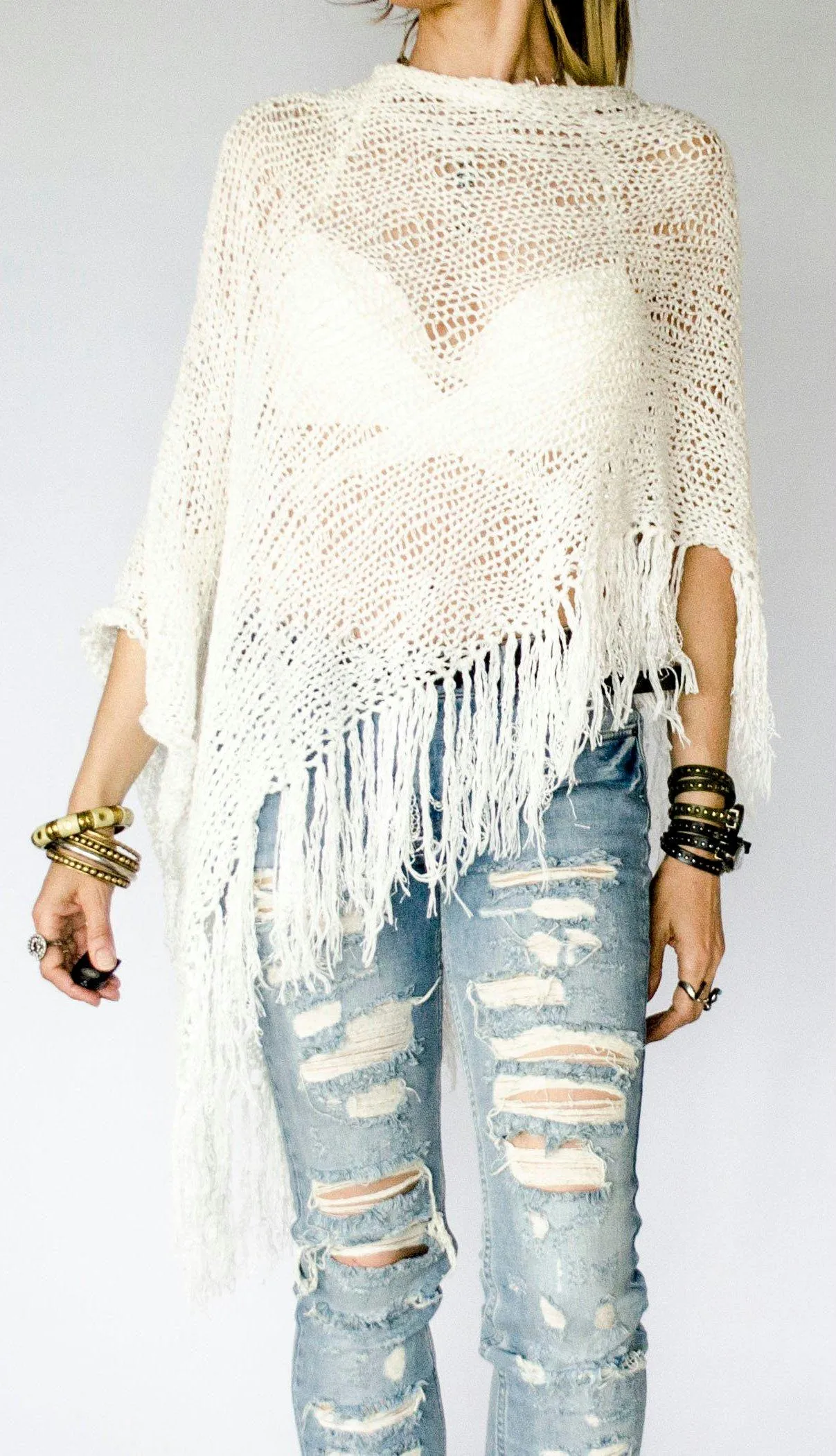 Handmade Knit Poncho, Sequin Knit Top, Asymmetric Summer Shawl