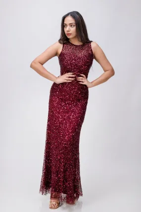 Handmade Premium Burgundy Sleeveless Dress with Embellished Sequins – Elegant Party Wear