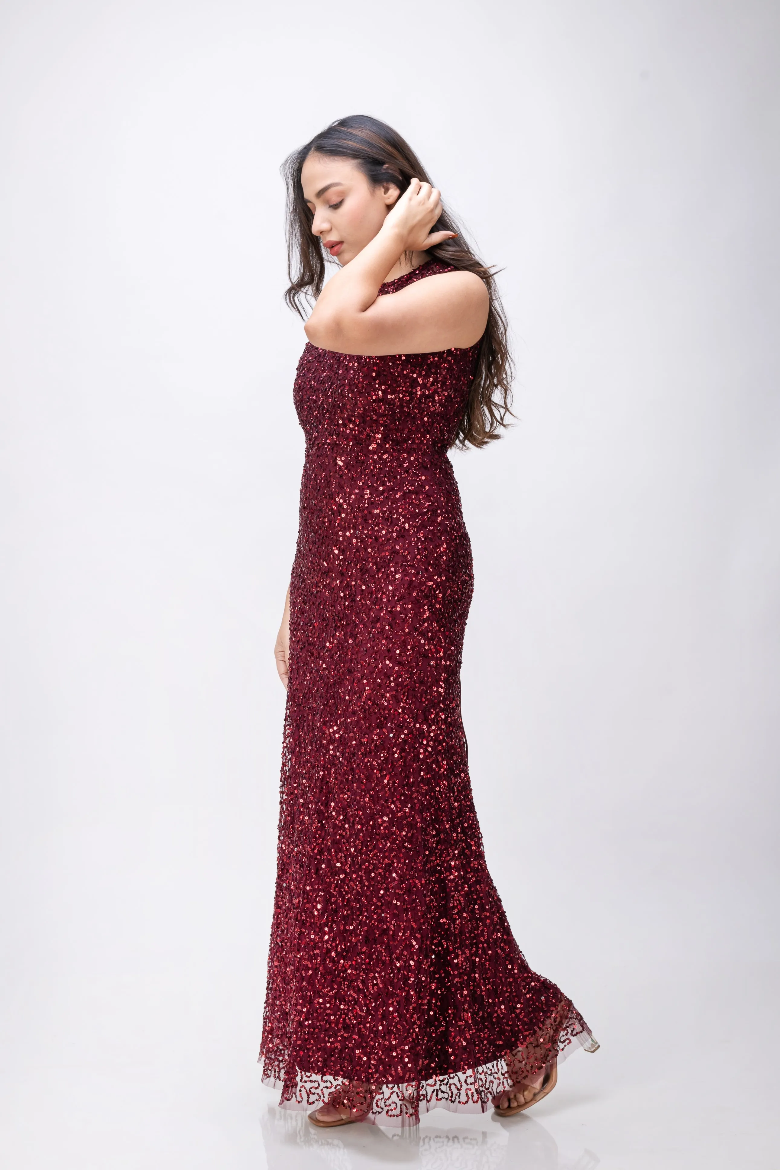 Handmade Premium Burgundy Sleeveless Dress with Embellished Sequins – Elegant Party Wear