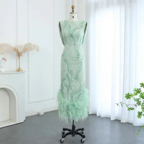 HELEN Luxury Sage Green Feathers Evening Dress