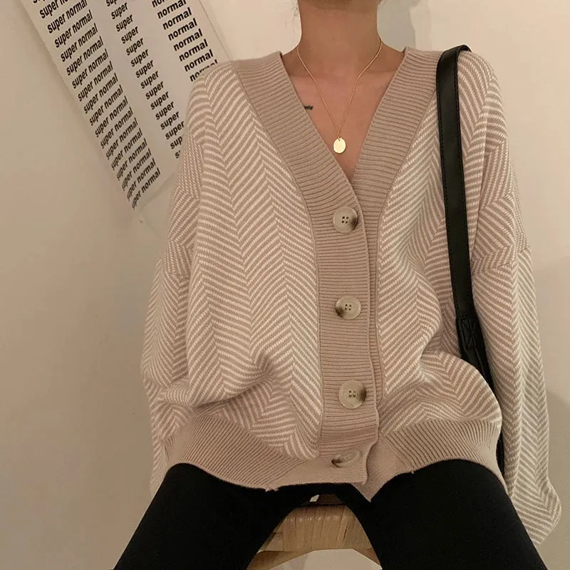 Herringbone Weaving Patter & Solid Trims Classic Cardigan