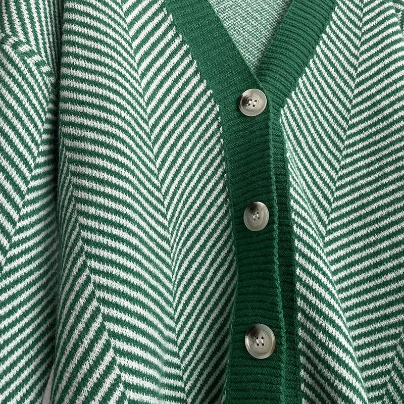 Herringbone Weaving Patter & Solid Trims Classic Cardigan