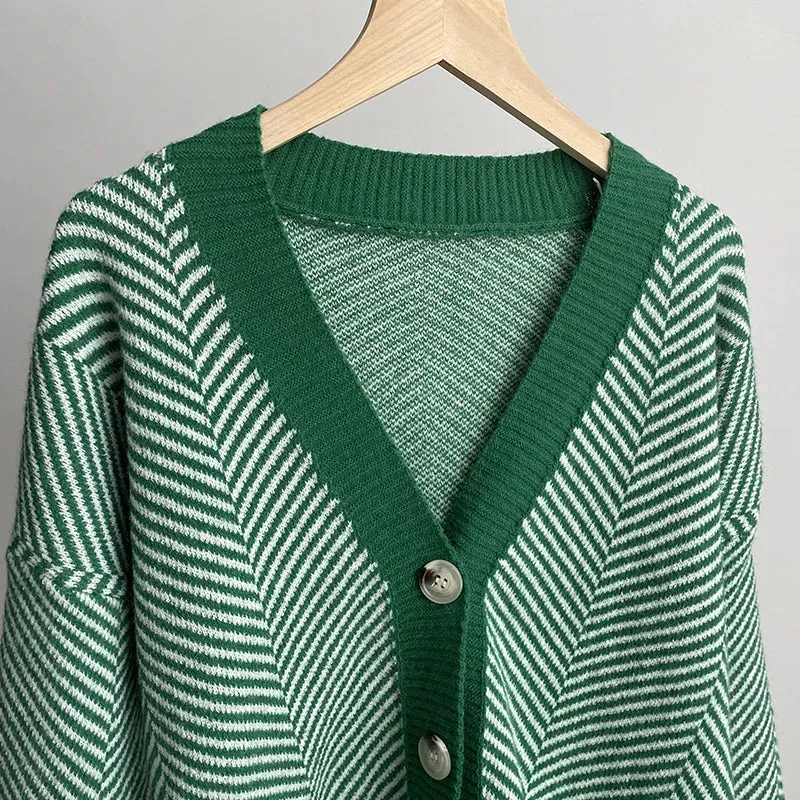 Herringbone Weaving Patter & Solid Trims Classic Cardigan