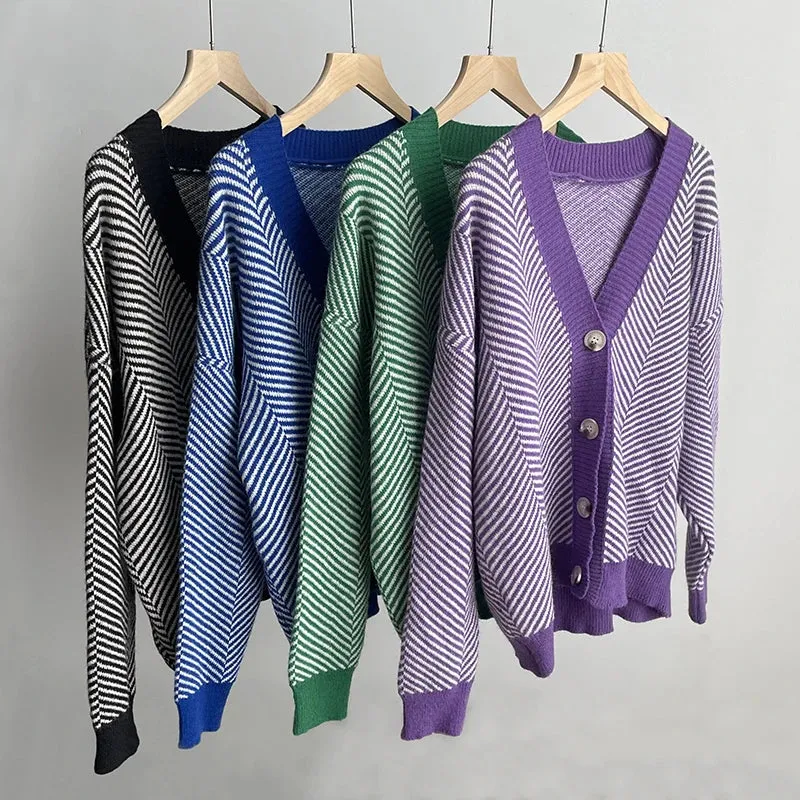 Herringbone Weaving Patter & Solid Trims Classic Cardigan