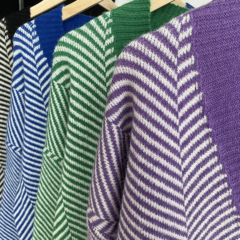 Herringbone Weaving Patter & Solid Trims Classic Cardigan