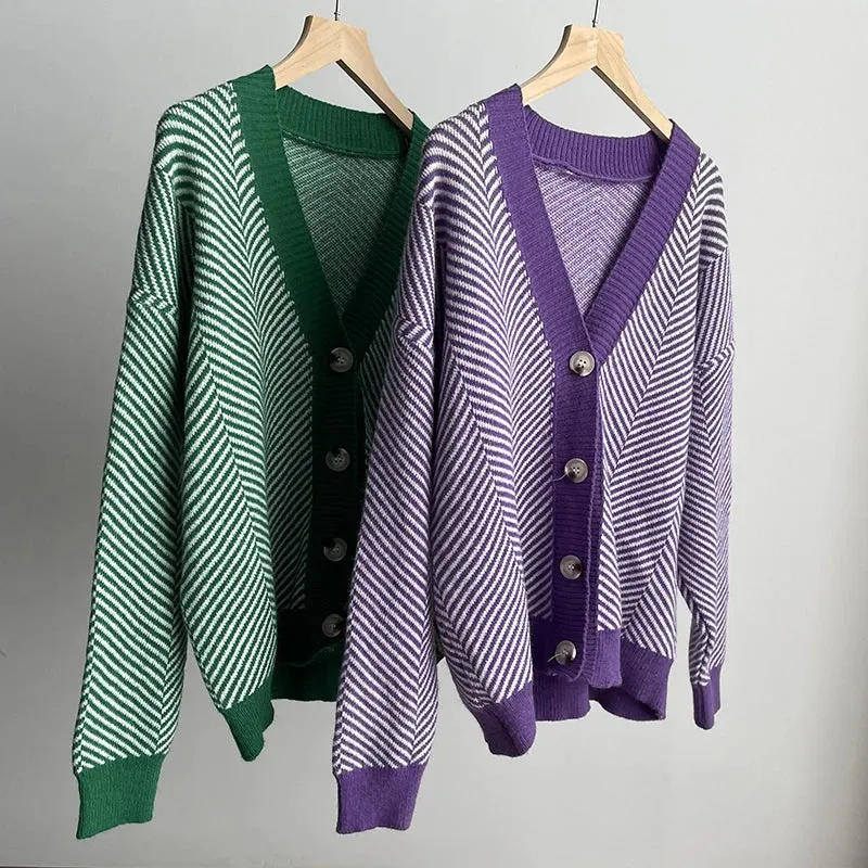 Herringbone Weaving Patter & Solid Trims Classic Cardigan