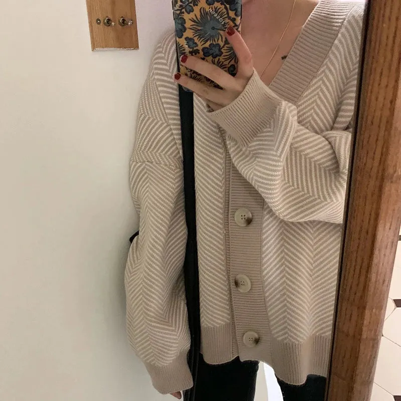 Herringbone Weaving Patter & Solid Trims Classic Cardigan