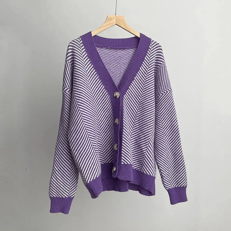Herringbone Weaving Patter & Solid Trims Classic Cardigan