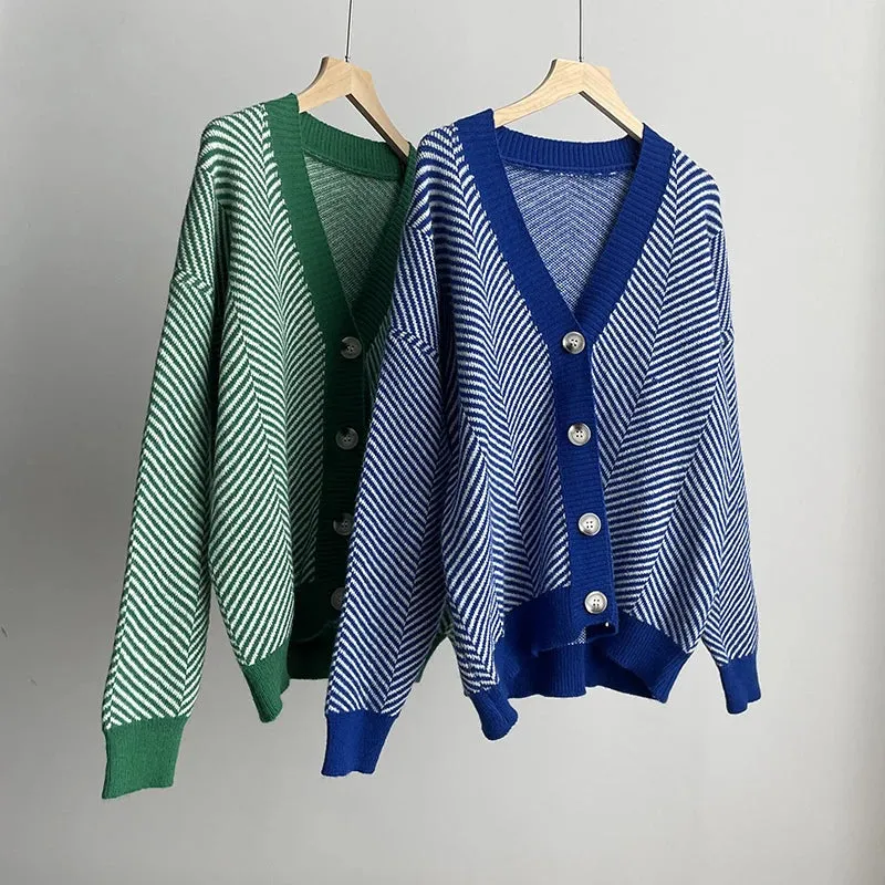Herringbone Weaving Patter & Solid Trims Classic Cardigan
