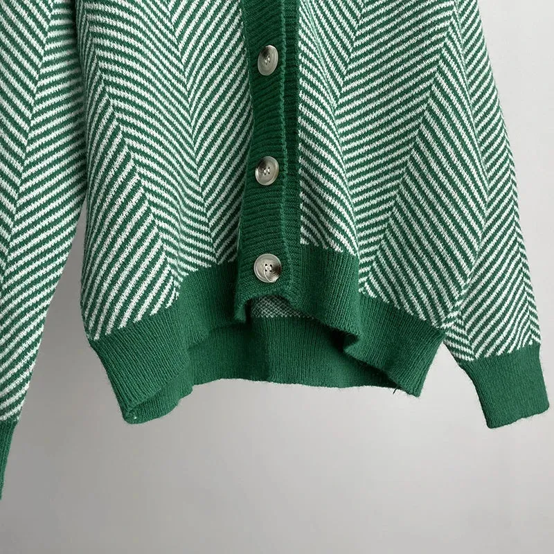Herringbone Weaving Patter & Solid Trims Classic Cardigan