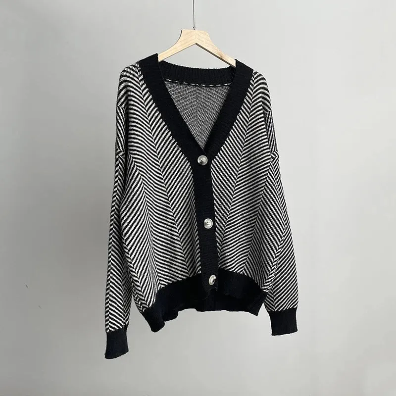 Herringbone Weaving Patter & Solid Trims Classic Cardigan