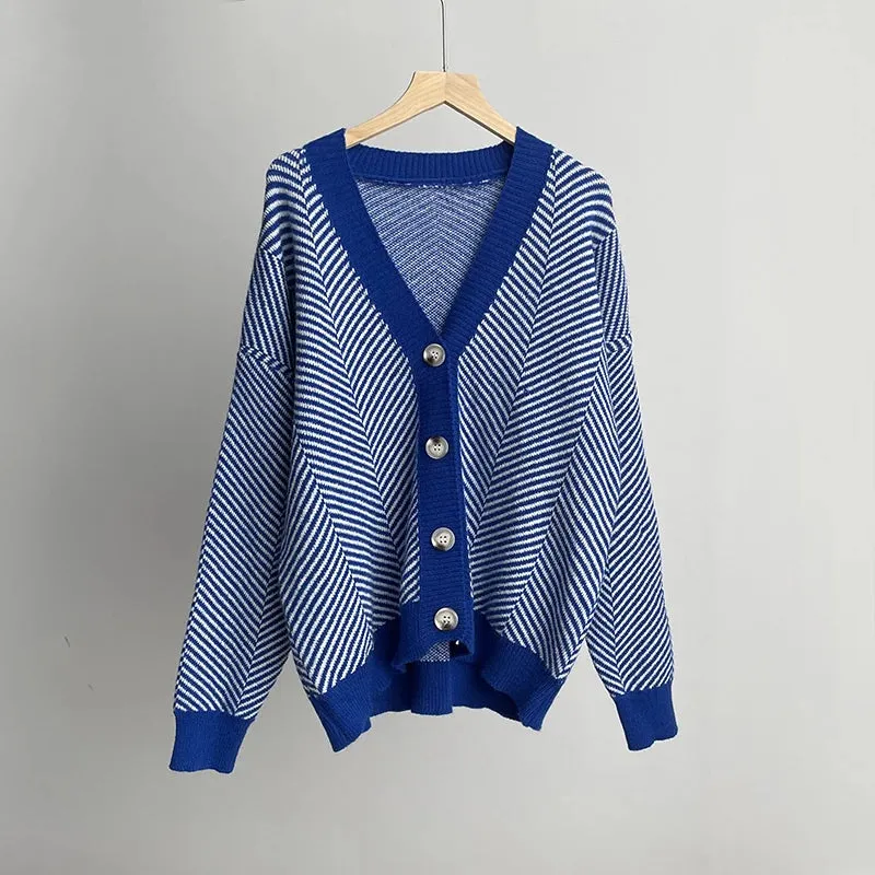 Herringbone Weaving Patter & Solid Trims Classic Cardigan