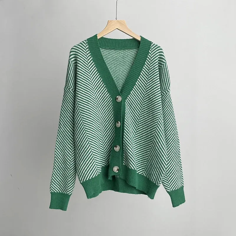 Herringbone Weaving Patter & Solid Trims Classic Cardigan