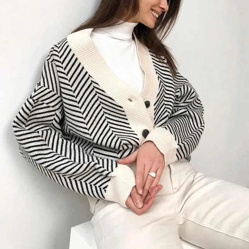 Herringbone Weaving Patter & Solid Trims Classic Cardigan