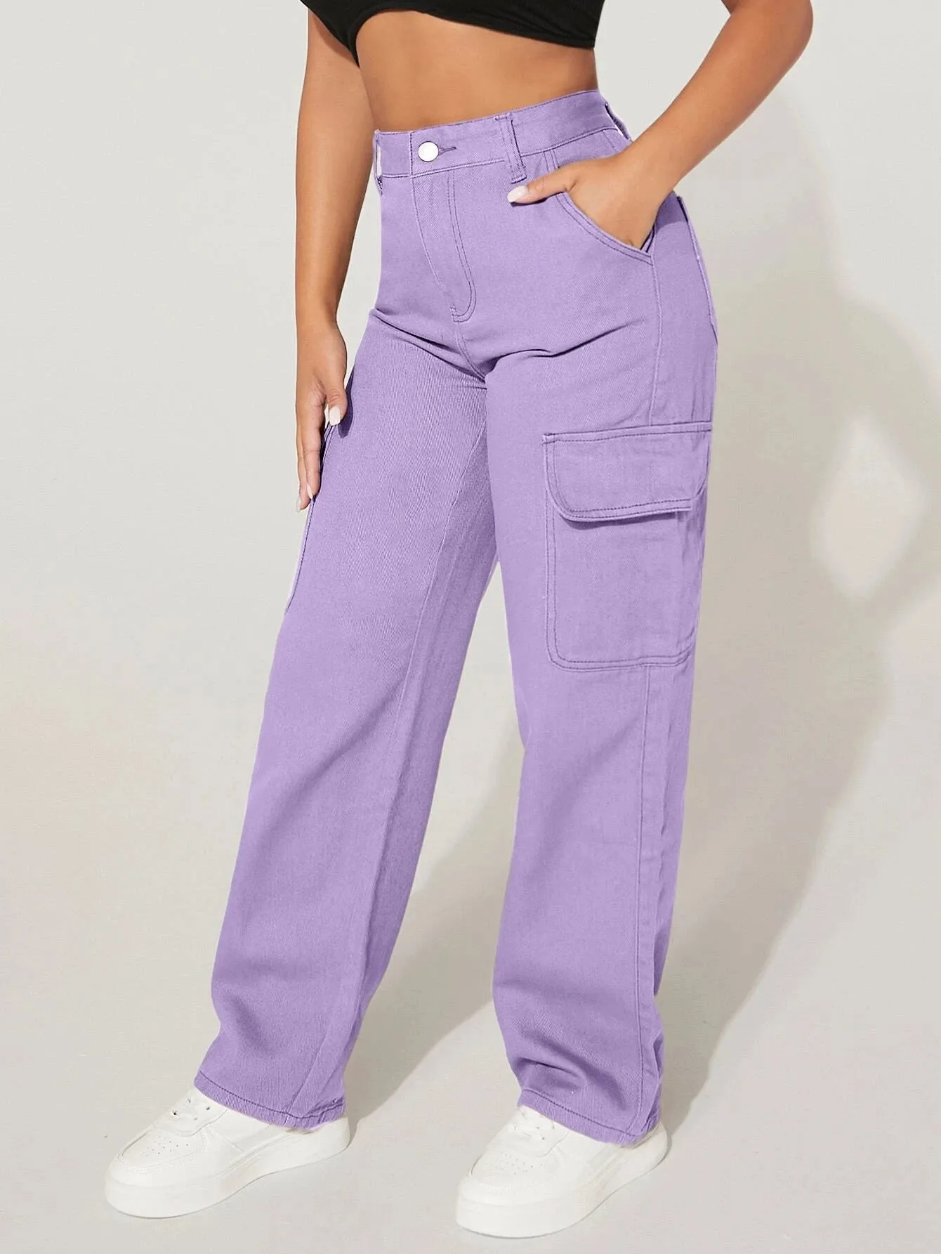 High Waist Functional Flap Pocket Cargo Jeans