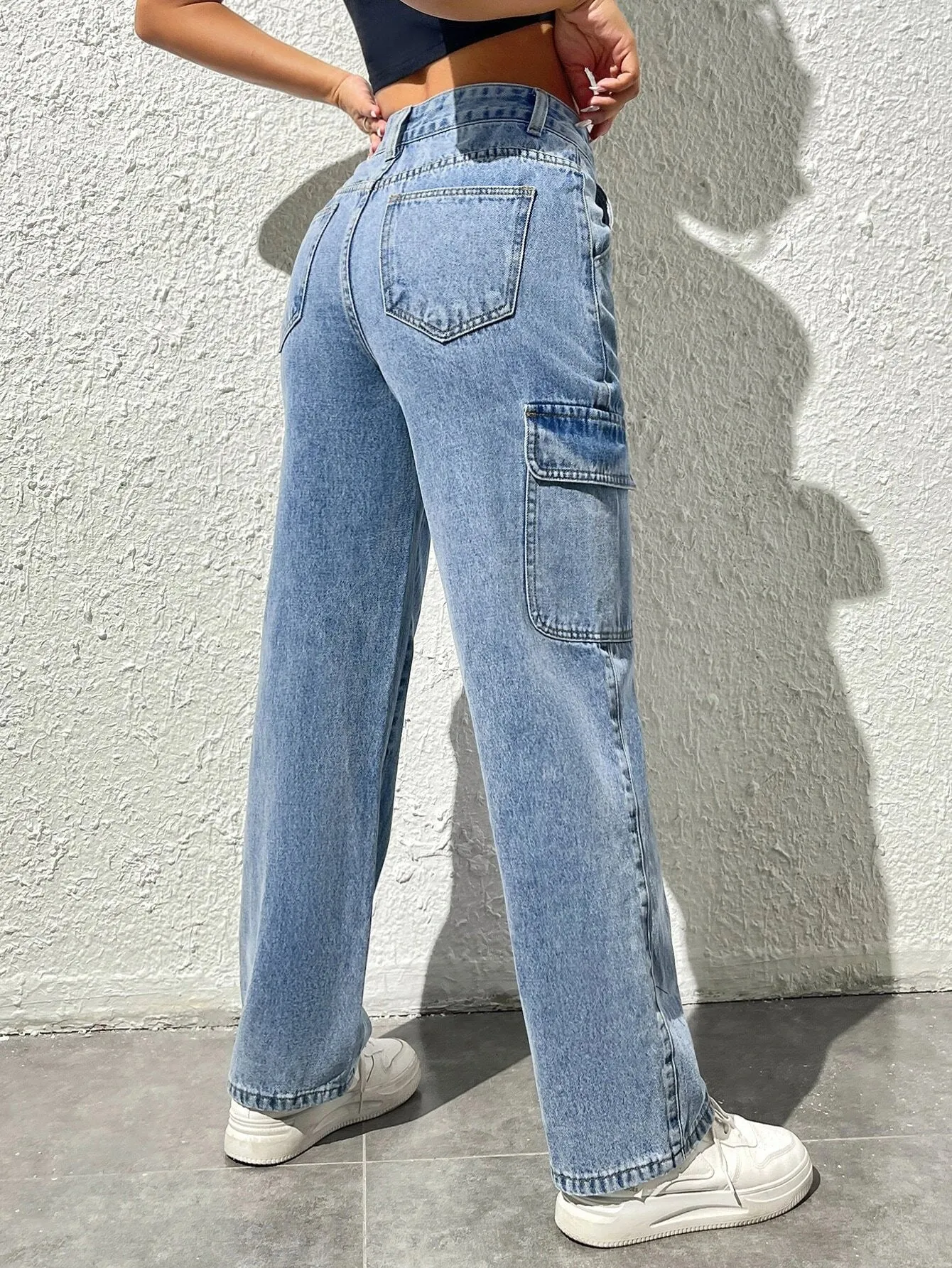 High Waist Functional Flap Pocket Cargo Jeans