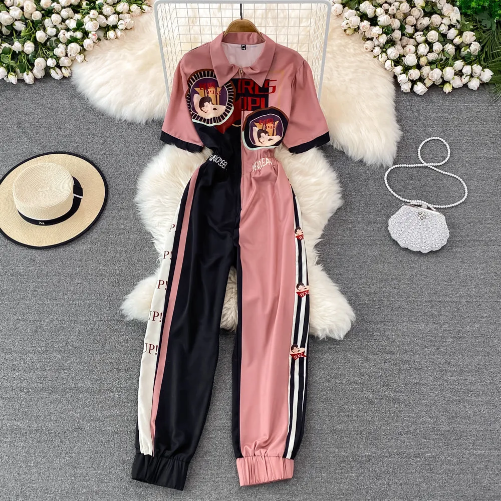 High Waist Lapel Print Cargo Jumpsuit