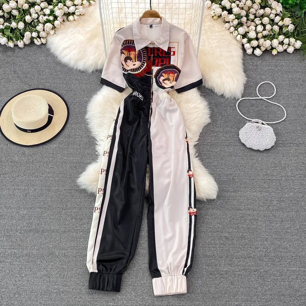 High Waist Lapel Print Cargo Jumpsuit