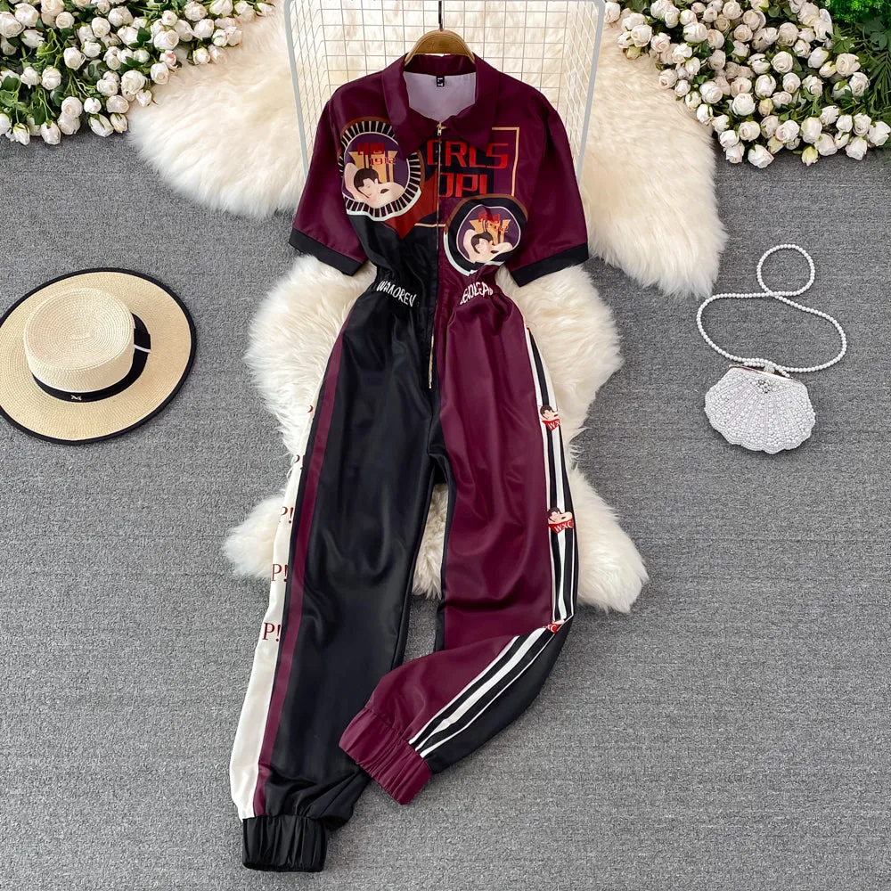 High Waist Lapel Print Cargo Jumpsuit