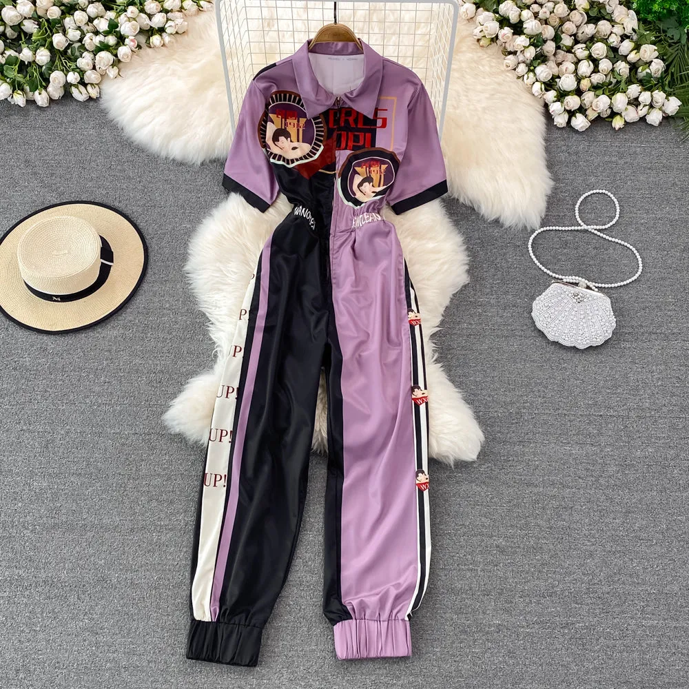High Waist Lapel Print Cargo Jumpsuit