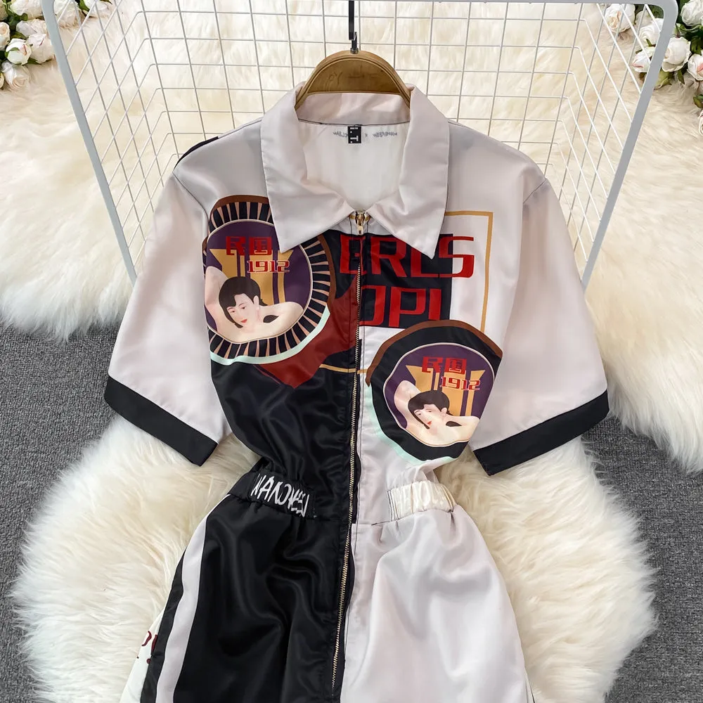 High Waist Lapel Print Cargo Jumpsuit
